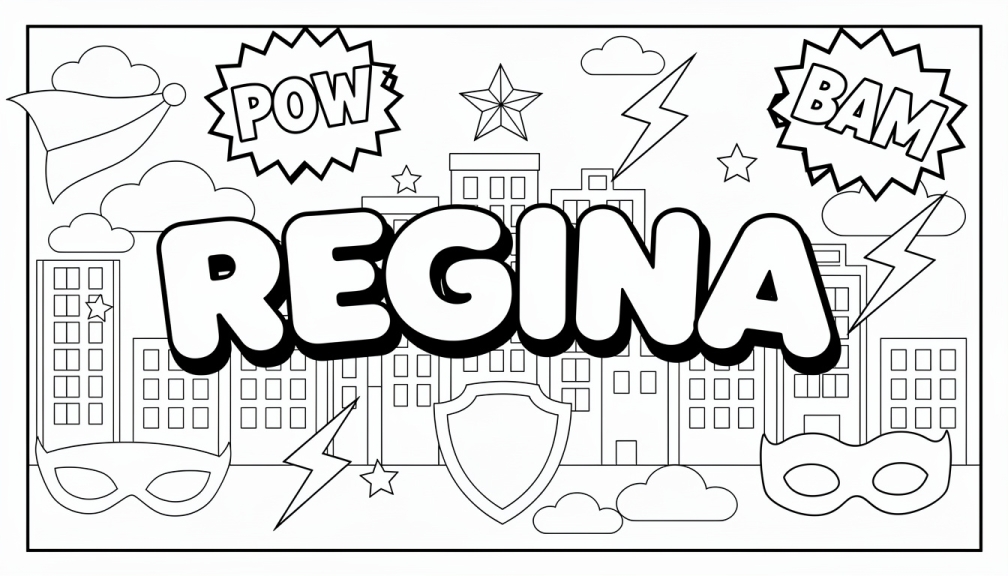 En superhjälte-tema målarbok med namnet REGINA i tjocka bubbelbokstäver omgivna av serietidningselement.