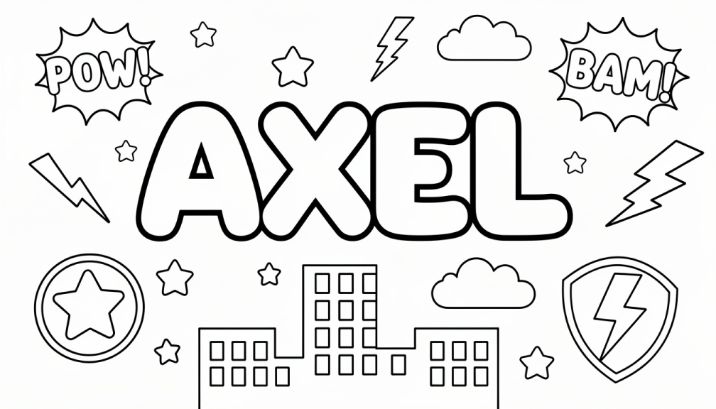 En superhjältetema färgläggningssida med namnet AXEL i djärva bubbeltyper med serieexplosioner och stadssiluett.