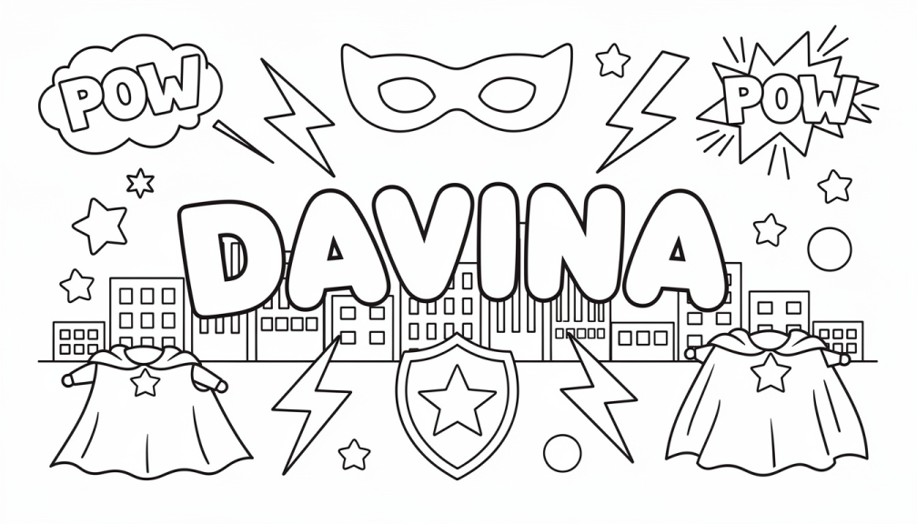 En personlig målarbok med namnet DAVINA omgiven av superhjältetema inklusive masker, mantlar och stadssiluett.