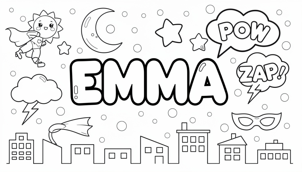En personlig färgläggningssida med namnet EMMA i stora bubbeltyper och superhjältedekorativa element.