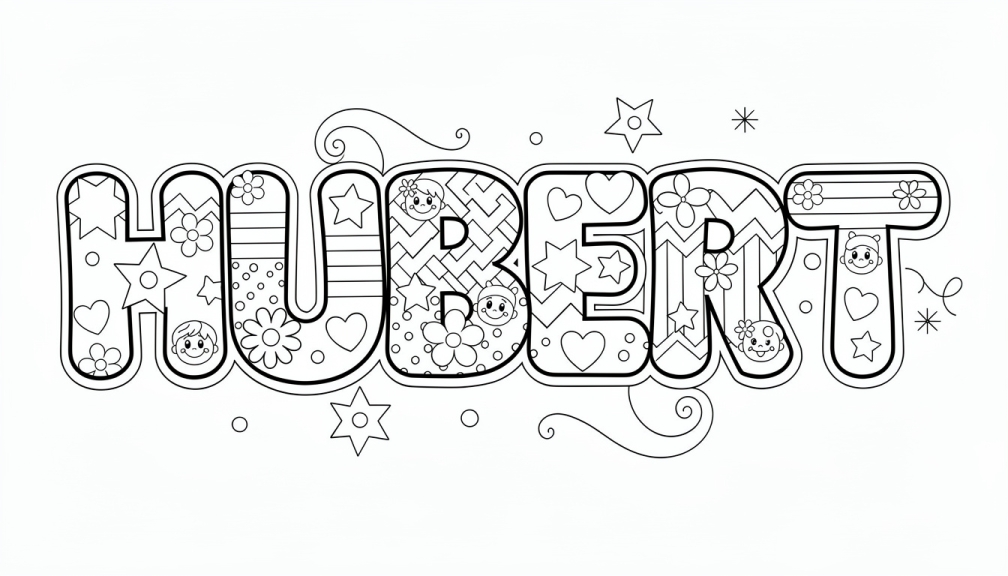 A decorative coloring page featuring the name HUBERT in playful bubble letters with stars, hearts, and flowers.