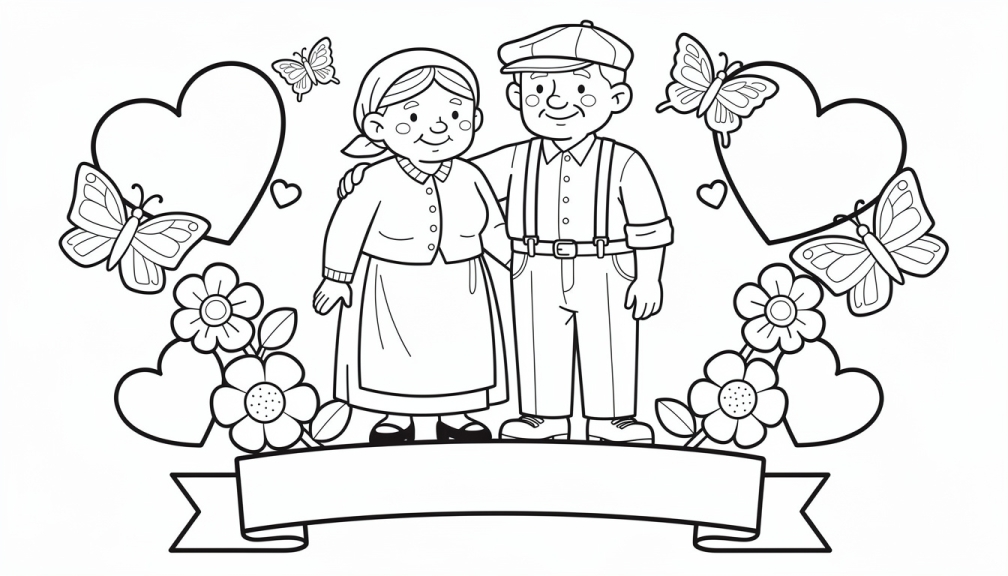 Un coloriage émouvant représentant des grands-parents polonais Babcia et Dziadek entourés de cœurs et de fleurs.