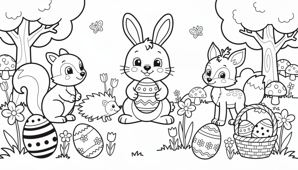 Forest animals gather for an Easter egg hunt with a bunny, squirrel, hedgehog, fox, and turtle.