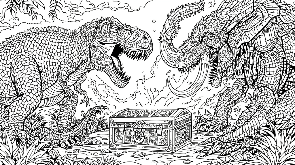 恐竜バトル塗り絵 - 宝箱を巡る壮大な先史時代の戦い、精密な線画が魅力の大人の塗り絵