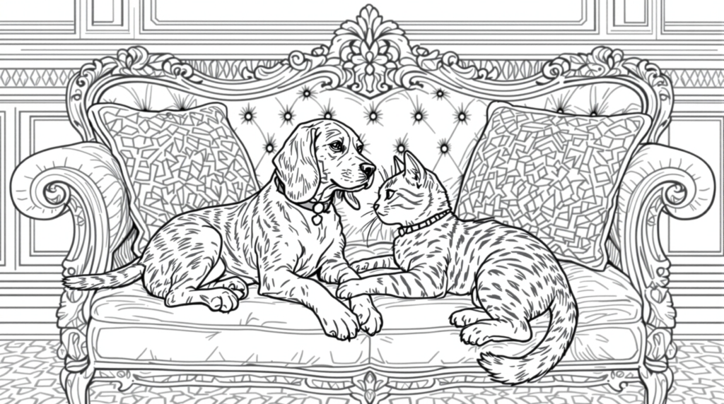 En sofistikeret beagle og kat farveleggingsside med detaljerede dyr, der slapper af på en udsmykket victoriansk sofa.