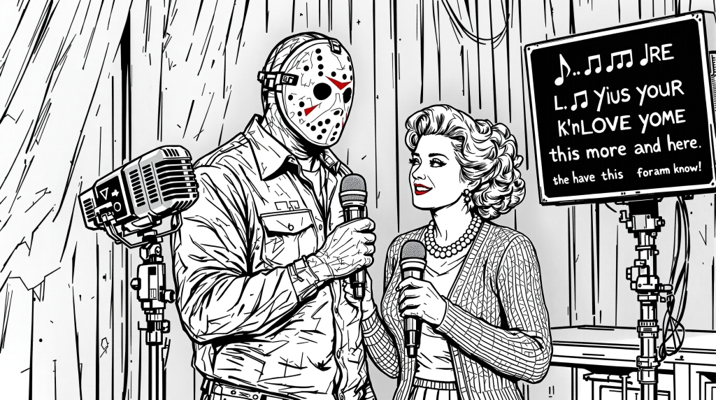 ジェイソン・ボーヒーズと母親のパメラが一緒にカラオケを歌う、この詳細なホラーテーマの塗り絵ページ。