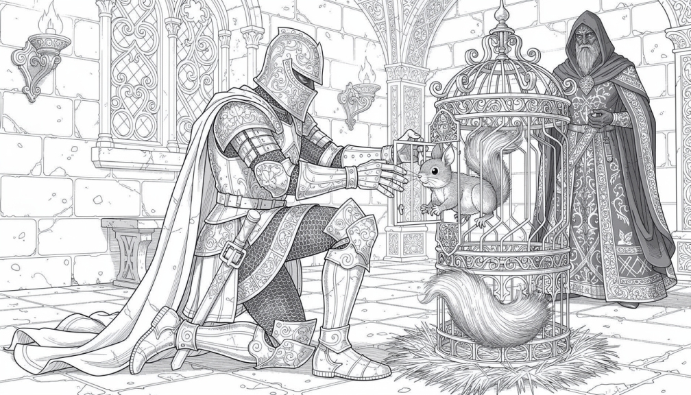 Średniowieczny rycerz w kunsztownej zbroi uwalnia królika z ozdobnej klatki, podczas gdy ciemny czarodziej obserwuje scenę.