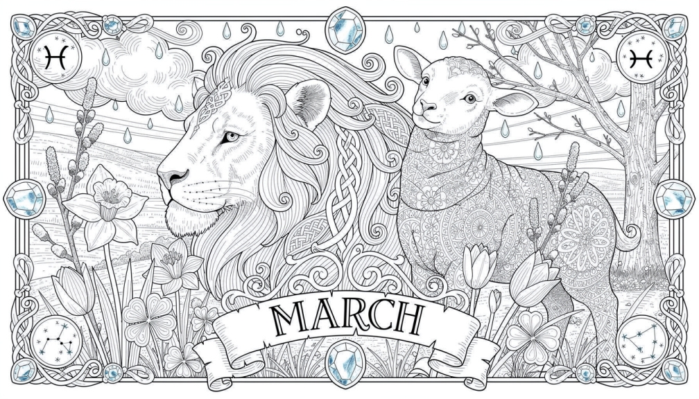 A powerful lion transforms into a gentle lamb beneath spring blossoms and Celtic knotwork.