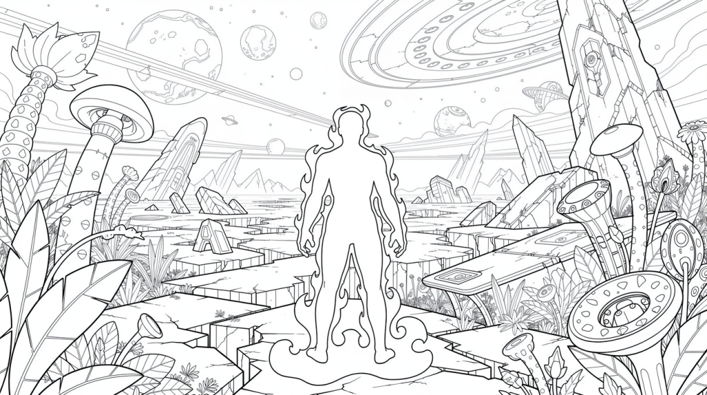 A misty figure stands on a shattered alien world, surrounded by exotic plants and distant planets.
