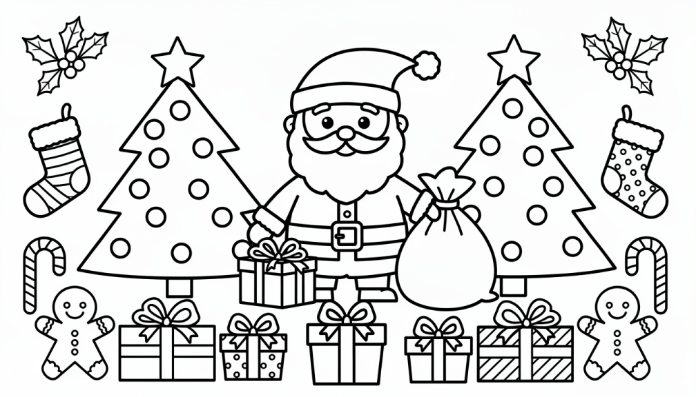Un coloriage de Père Noël joyeux pour enfants de 8 ans présente des décorations de Noël simples et des éléments festifs.