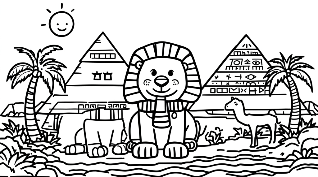 古代エジプト塗り絵 - スフィンクス、ピラミッド、ナイル川の風景（初心者向け）