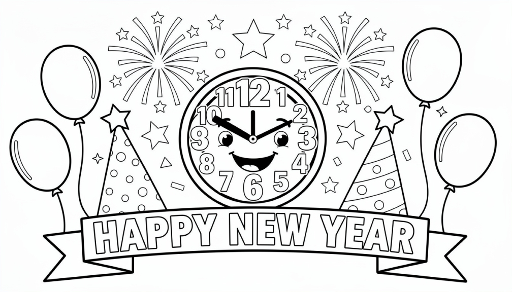 Un coloriage du Nouvel An pour débutants avec une horloge souriante à minuit, des feux d'artifice, des ballons et des éléments festifs aux contours épais.
