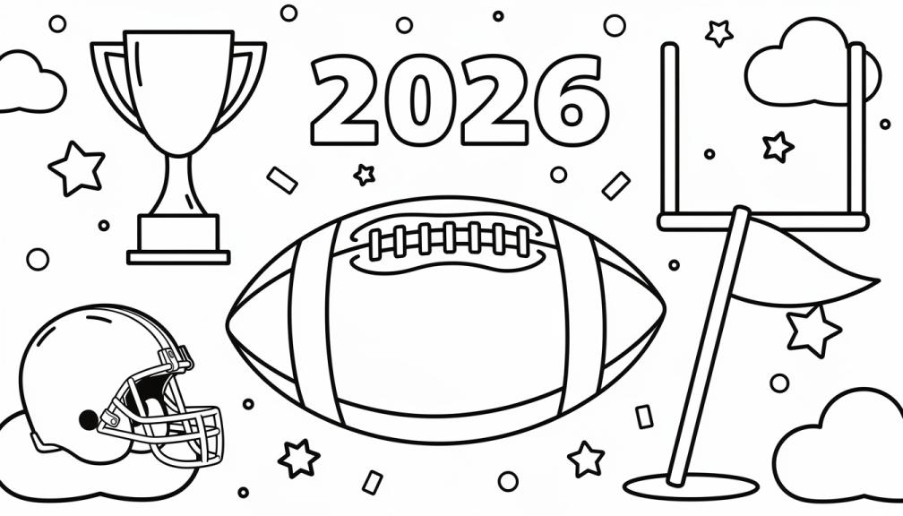 A beginner-friendly 2026 Super Bowl coloring page featuring a football, trophy, helmet, and goal post with thick outlines.