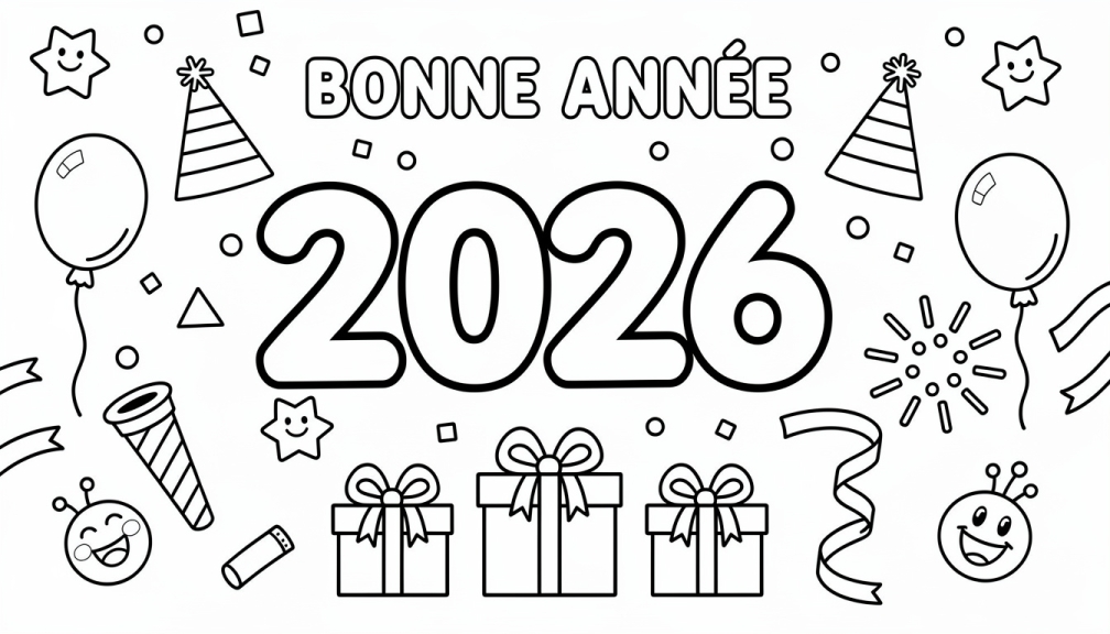 子供向けの楽しい2026年新年のぬりえページには、太い輪郭線で描かれた大きな数字、パーティー帽子、風船、お祝いの飾りが描かれています。