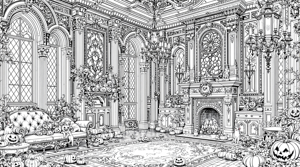 A spooky 1800s Italian mansion interior coloring page featuring ornate Victorian Gothic architecture with Halloween pumpkins.