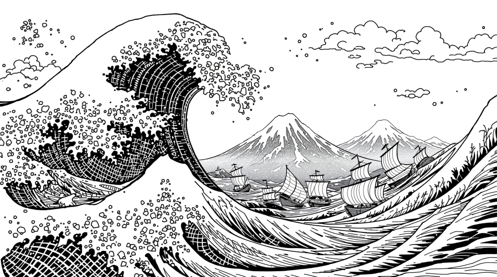 葛飾北斎「神奈川沖浪裏」をモチーフにした精密な大人の塗り絵 - 白黒線画アート