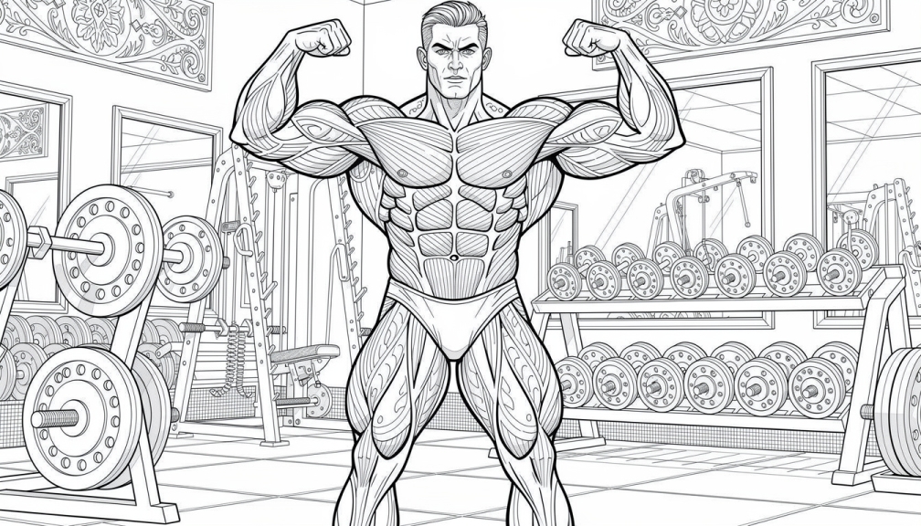 Szczegółowa kolorowanka kulturysty przedstawiająca umięśnionego atletę w pozie podwójnych bicepsów z przodu z misternnymi szczegółami anatomicznymi i otoczeniem siłowni.