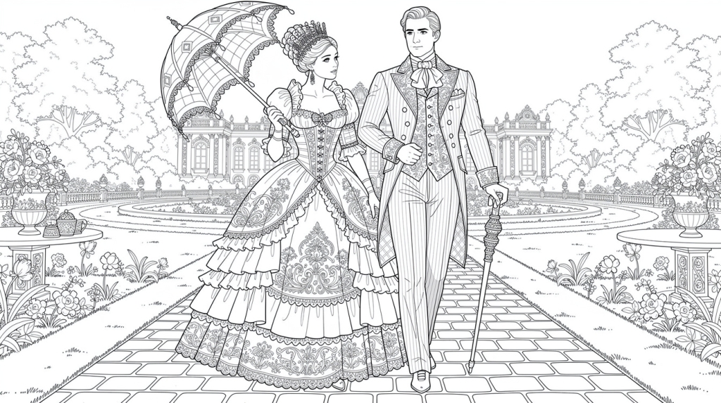 A ducal couple strolls arm-in-arm through a symmetrical palace garden in Victorian finery.