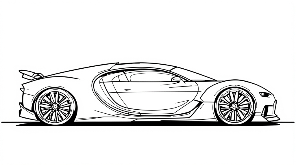 Szczegółowa strona do kolorowania supersamochodu Bugatti Divo z widokiem z boku i skomplikowanymi elementami designu.