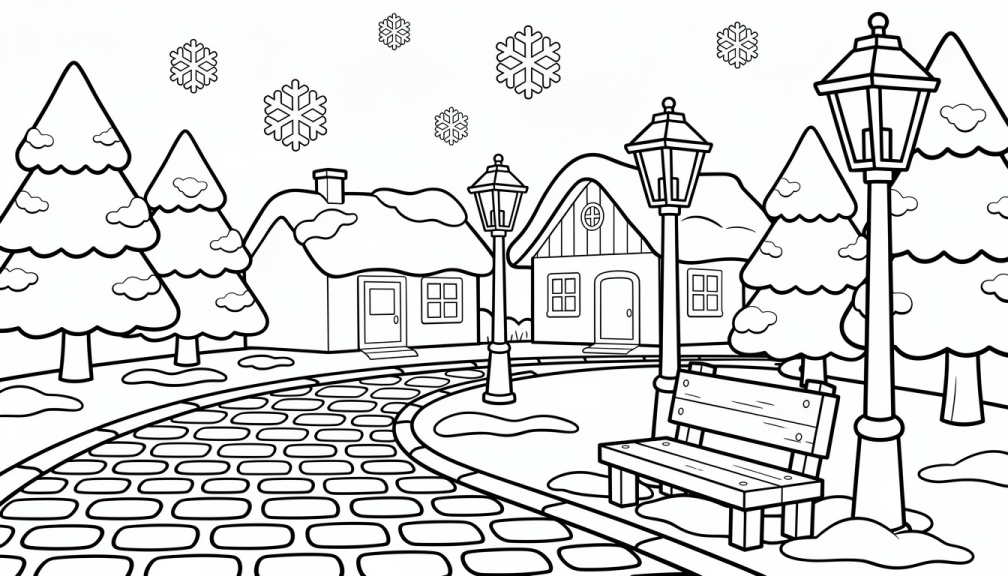 Une charmante scène de rue hivernale à colorier avec des lampadaires à gaz vintage, des cottages chaleureux et des sapins enneigés le long d'un chemin pavé.