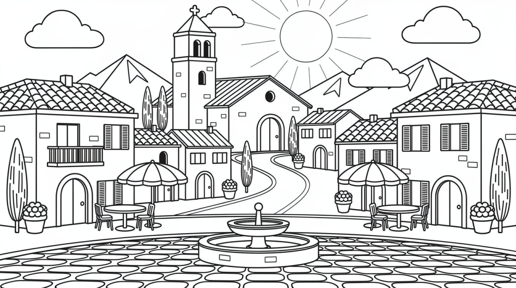 A sunny Italian hillside town with a bell tower, fountain plaza, and cypress trees.