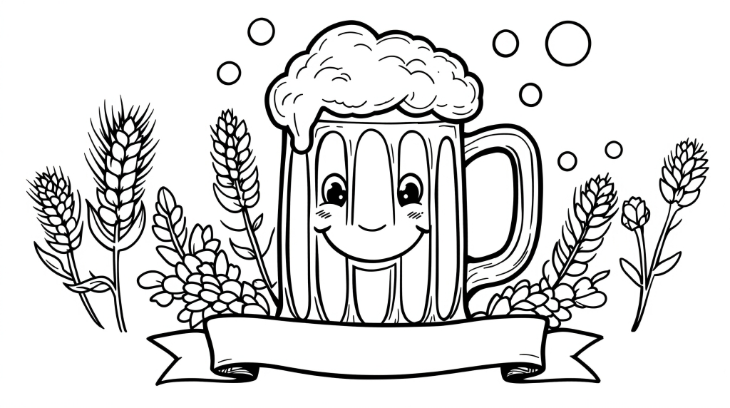 笑顔のビールジョッキと麦とホップの大人の塗り絵 - リラックスに最適な楽しいデザイン