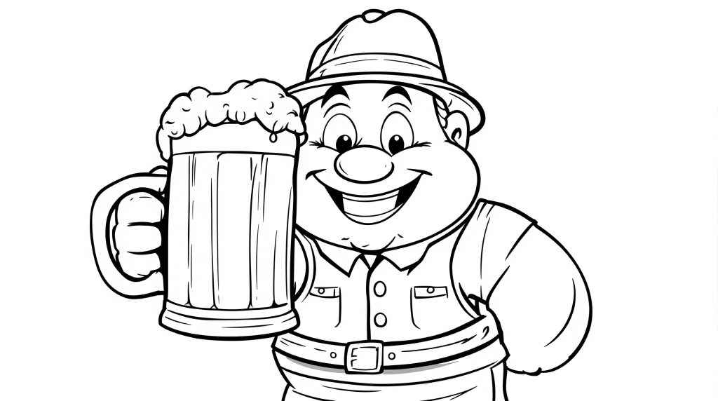 ビールジョッキを持った陽気なオクトーバーフェストキャラクターの大人の塗り絵 - レーダーホーゼンとアルプス帽子
