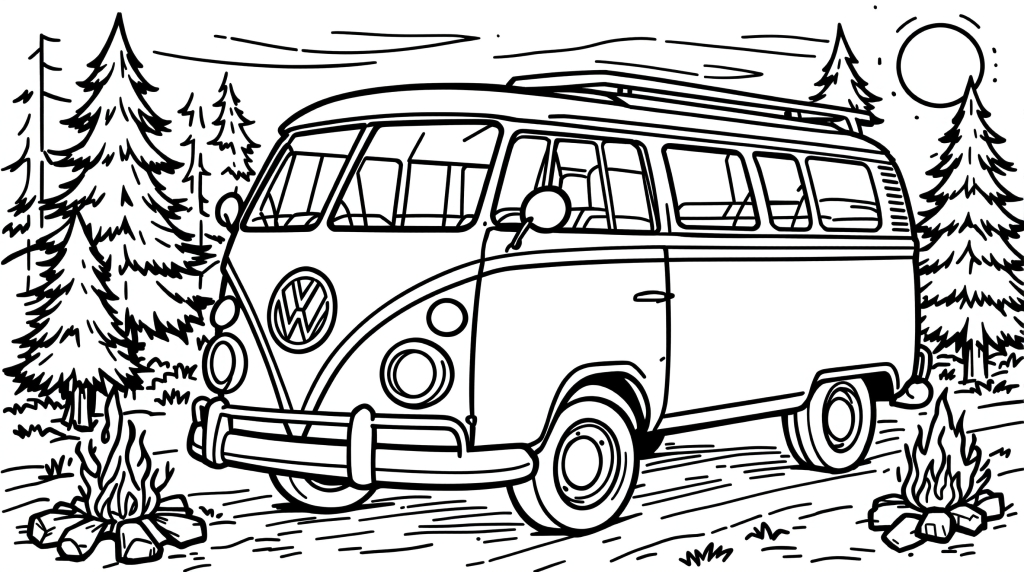 En klassisk vintage Volkswagen campingbil färgläggningssida med detaljerad utomhus campingscen med tallträd och lägereld.