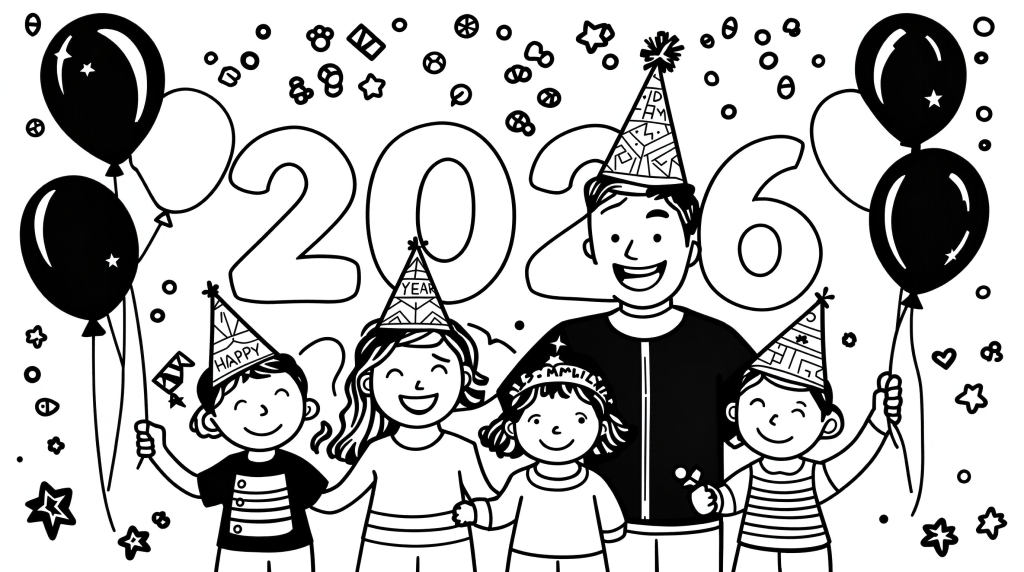 A joyful family of five celebrating New Year 2026 coloring page with festive decorations and party elements.