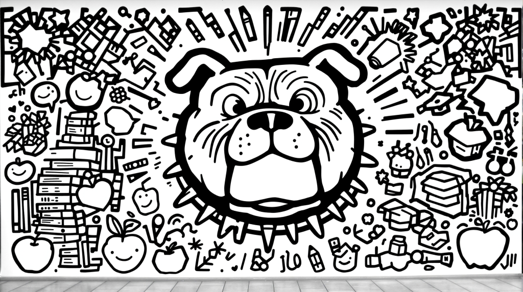 Uma página para colorir de mascote bulldog inspirada em Keith Haring com elementos escolares densamente dispostos e padrões de fundo detalhados.