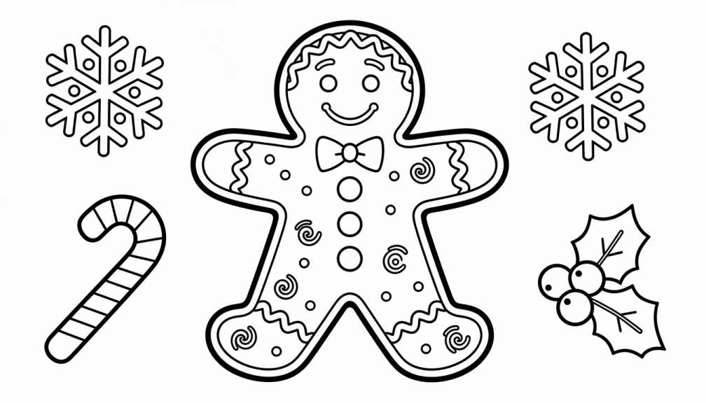 Un joyeux coloriage de biscuit de Noël en pain d'épices avec des décorations festives et un design facile pour débutants.
