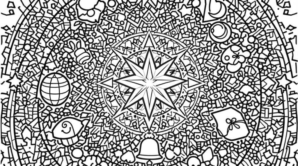 An intricate magical dream mandala coloring page featuring world exploration themes and detailed geometric patterns.