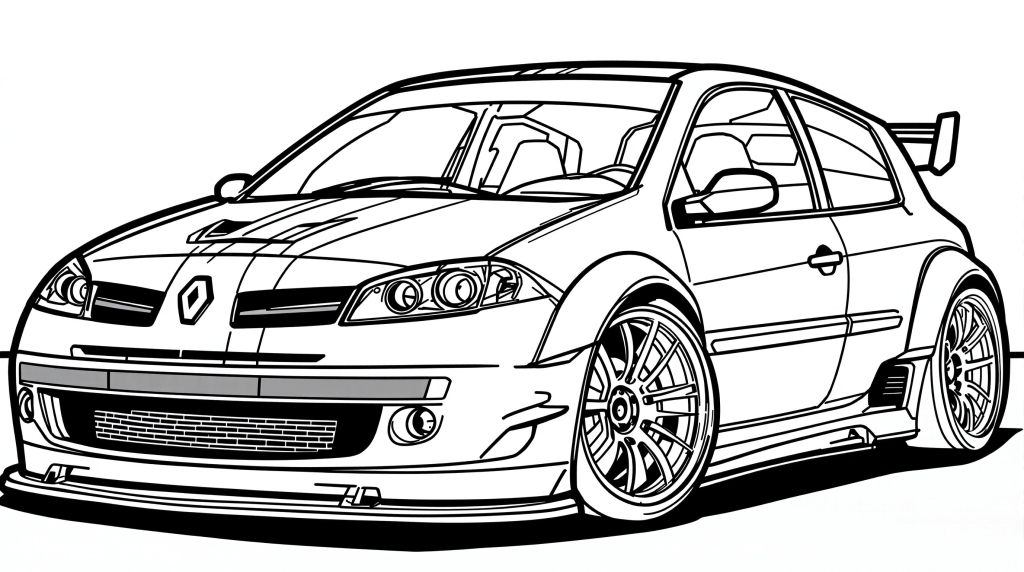 Szczegółowa kolorowanka Renault Megane 2 z 2005 roku z modyfikacjami w stylu Need for Speed i elementami wyścigowymi.