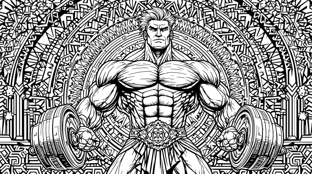 Szczegółowa strona do kolorowania umięśnionego kulturysty z skomplikowanymi detalami anatomicznymi i wymyślnymi wzorami mandali w tle.