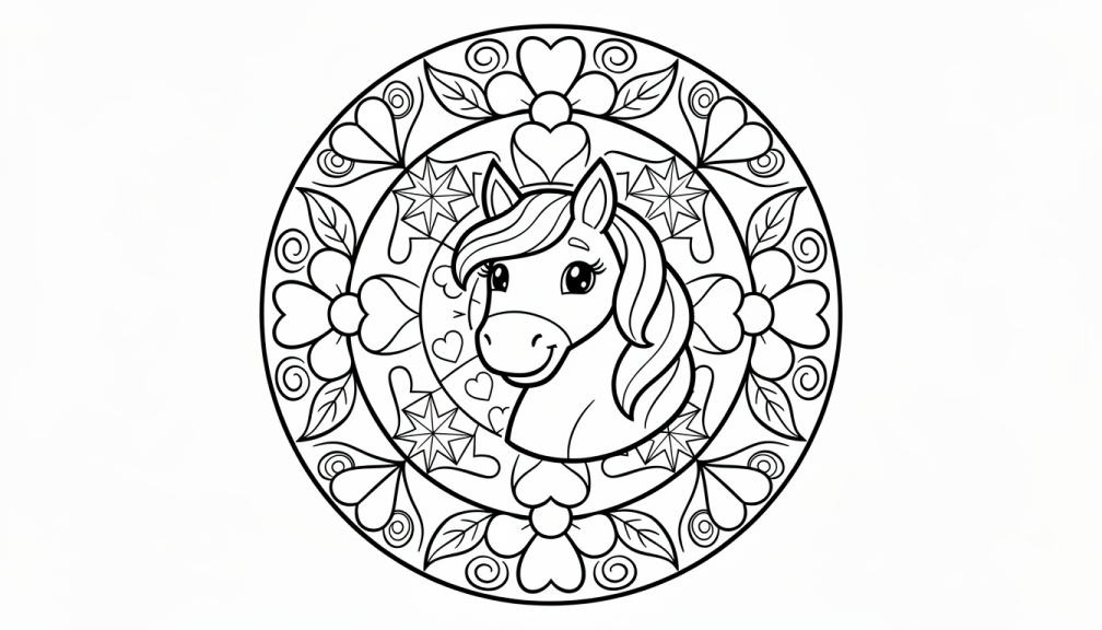 Ein Einhorn-Mandala-Ausmalbild zeigt einen freundlichen Einhornkopf umgeben von Herzen, Sternen und Blumen in symmetrischen Mustern.