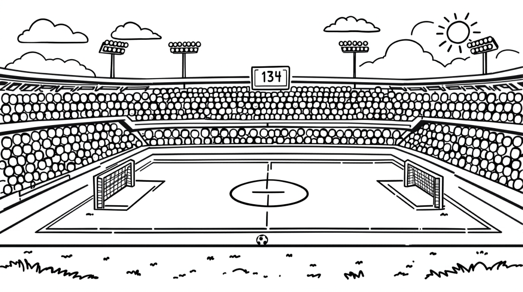 グラウンドレベルから見た精緻なサッカースタジアムの塗り絵 - フィールド要素と観客席の詳細なデザイン