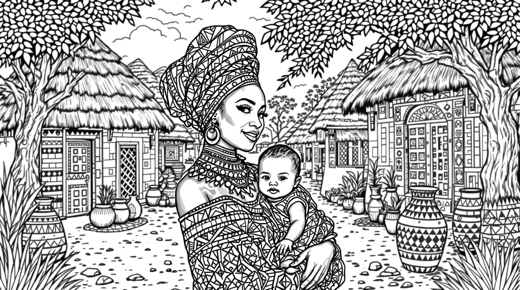 En invecklad afrikansk mamma och barn färgläggningssida i en traditionell by med detaljerade geometriska mönster och kulturella motiv.
