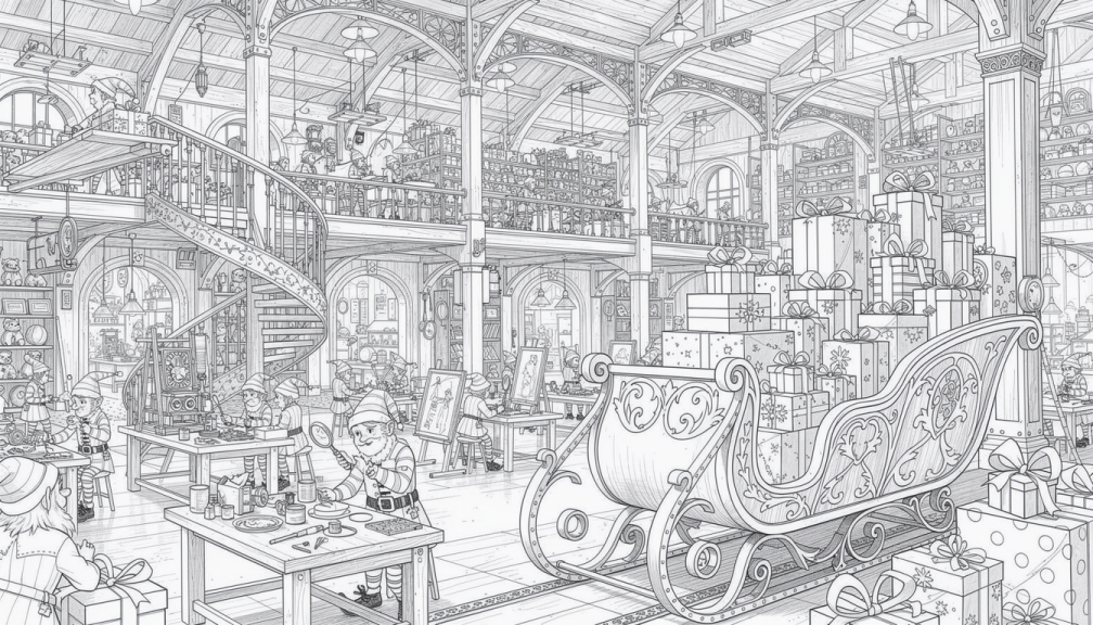 An expansive panoramic coloring page depicting Santa's complete toy factory workshop with thousands of elves creating toys and loading the sleigh with presents.