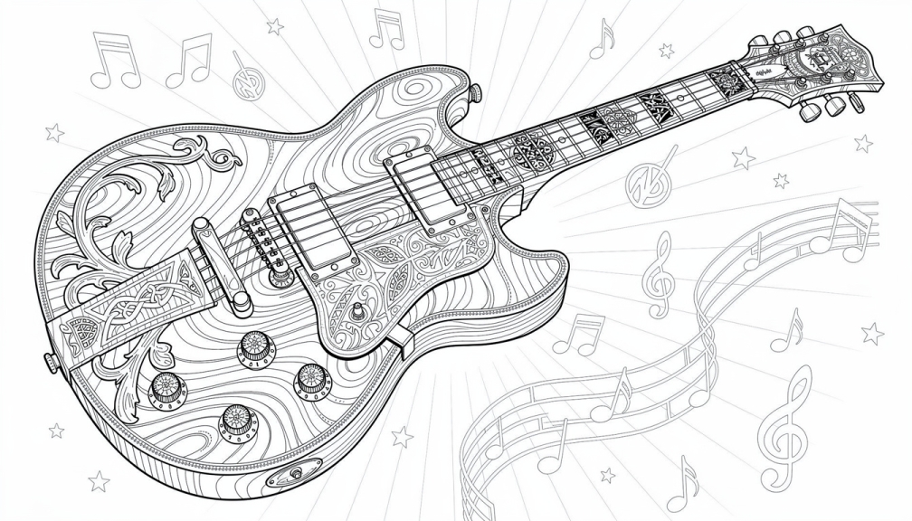 ダブルカッタウェイのエレキギターが流れる五線譜とト音記号の中に浮かんでいる。