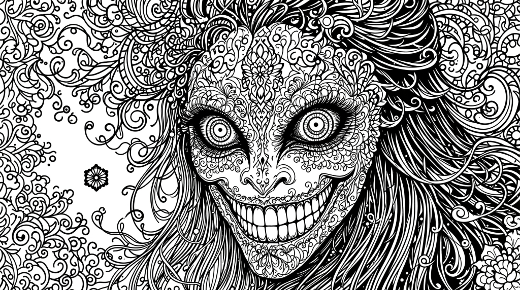 モモチャレンジマスクの大人の塗り絵 - 複雑なマンダラ模様と華麗な装飾が施された顔と髪のデザイン