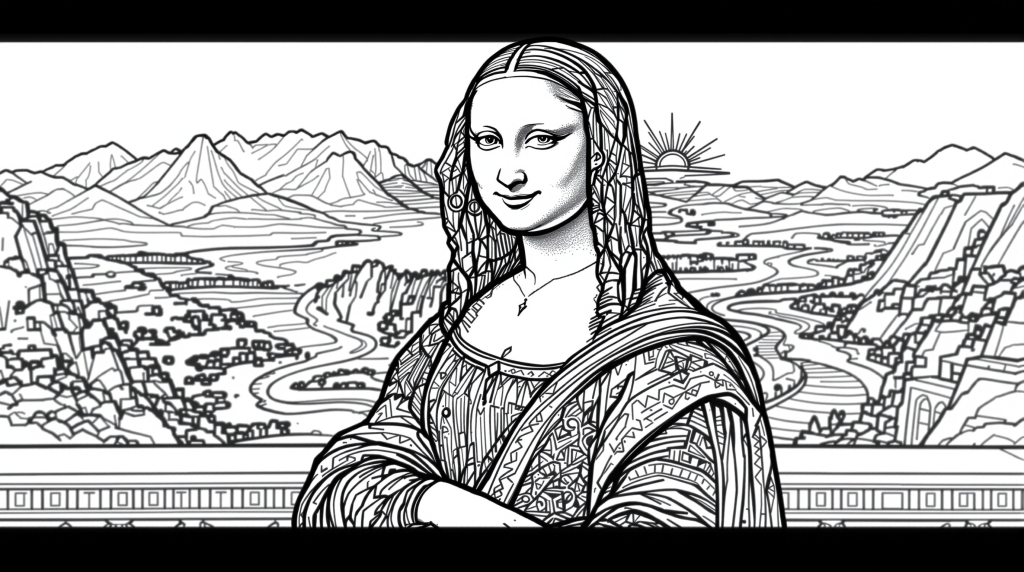 En intrikat Mona Lisa målarbok som visar Leonardo da Vincis mästerverk förvandlat till sofistikerad linjekonst för vuxna färgläggare.