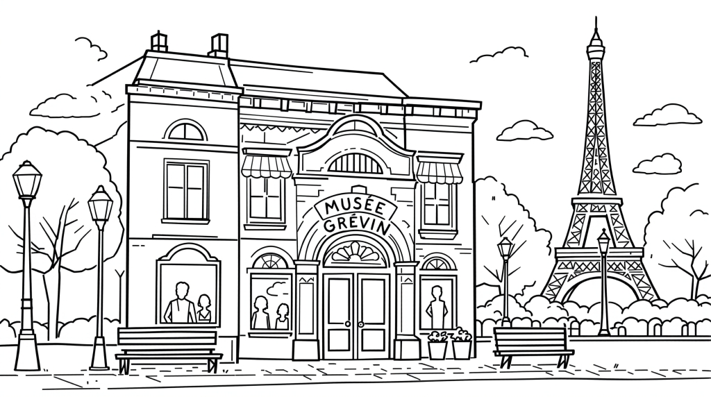 パリの名所グレヴァン蝋人形館を描いた大人の塗り絵 - シンプルな建築デザイン