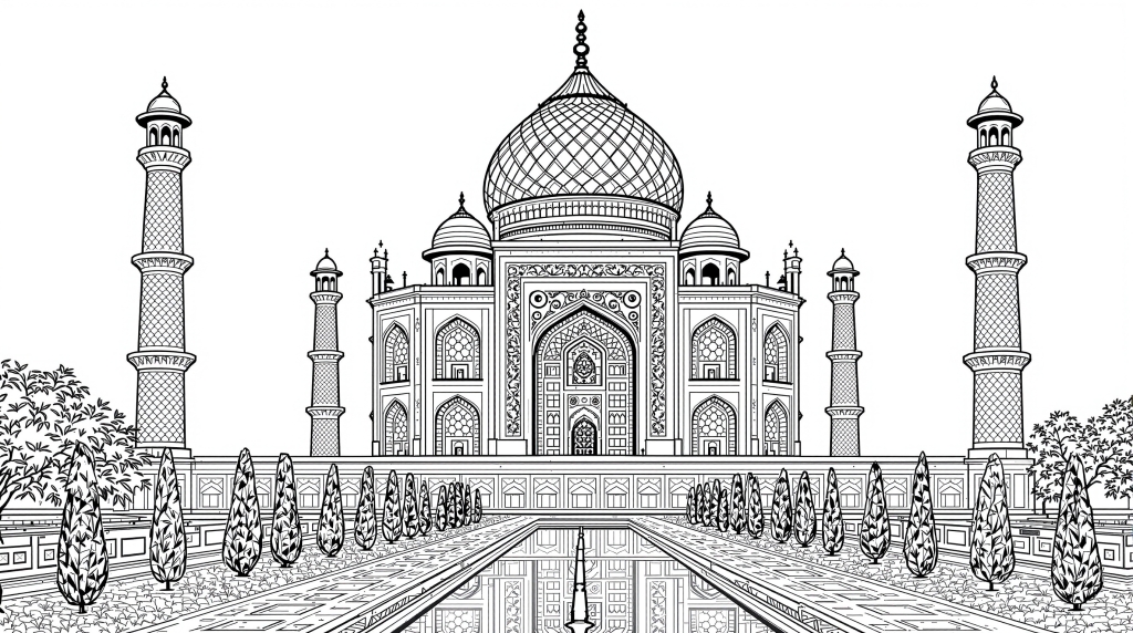 タージマハルの精密な大人の塗り絵 - イスラム建築と幾何学模様を楽しむ上級者向けぬりえ