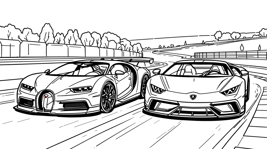 Une page de coloriage détaillée présentant deux supercars de luxe courant sur un circuit professionnel avec des détails automobiles complexes.