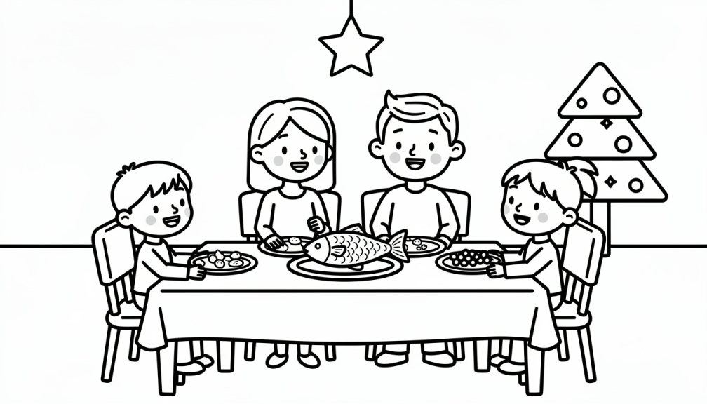 A Polish family of four enjoying Christmas Eve Wigilia dinner with traditional carp fish on the table.