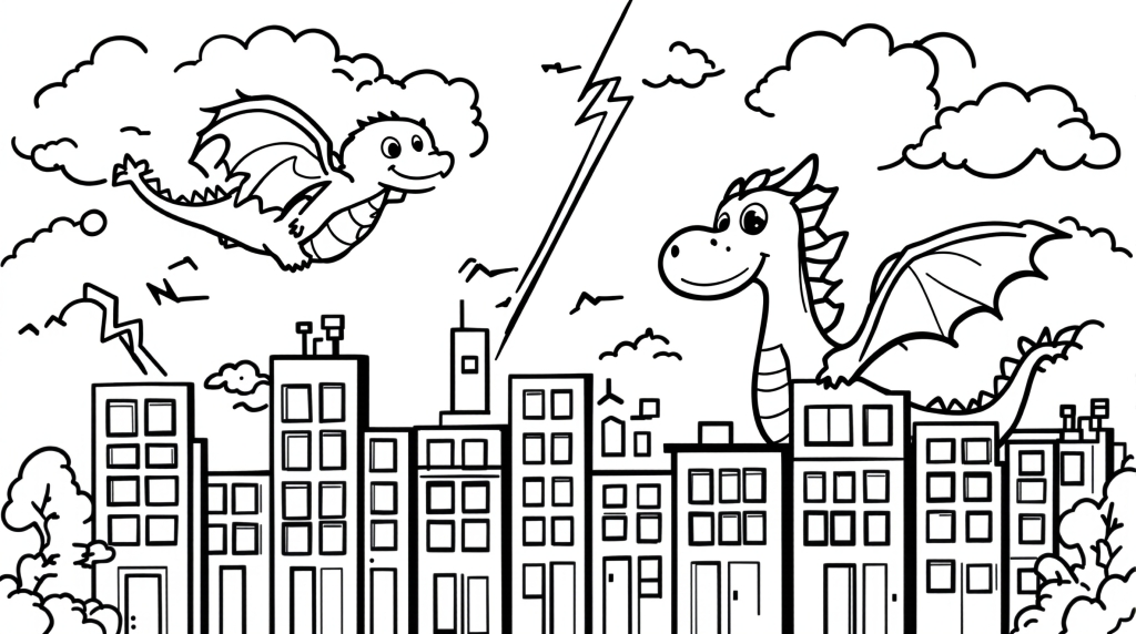 嵐の街を飛ぶ可愛いドラゴンの塗り絵 - 雷と雲のある都市の風景、初心者向け