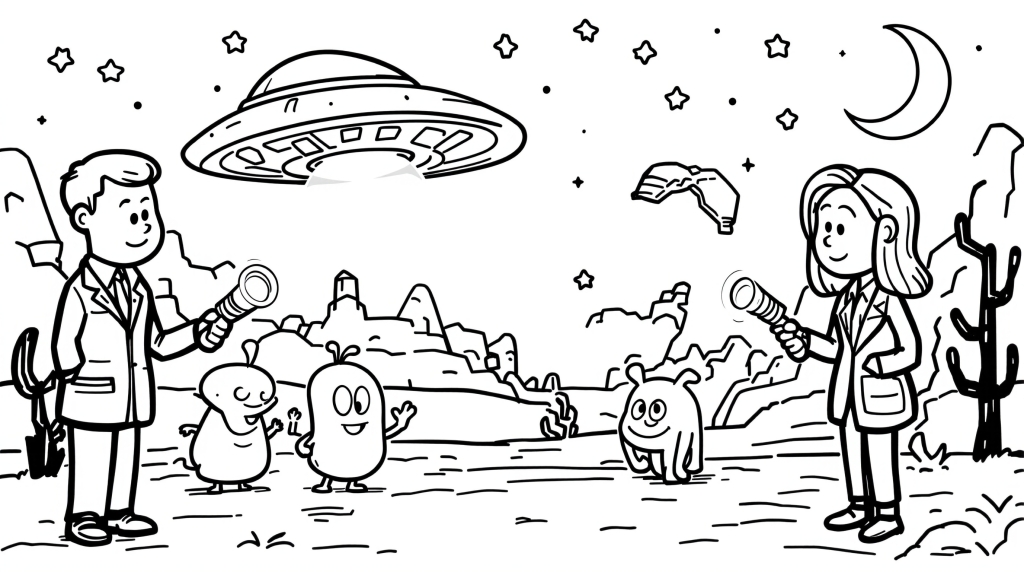A detailed X-Files inspired coloring page featuring Mulder and Scully investigating aliens and monsters in a desert landscape.