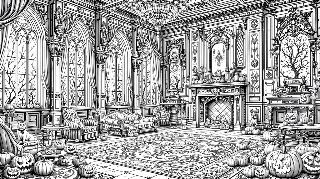 En udarbejdet viktoriansk gotisk herregård interiør Halloween fest farvelægningsside med intrikate arkitektoniske detaljer og uhyggelige dekorationer.