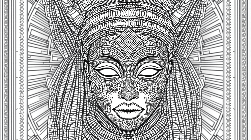 En invecklad afrikansk kvinnlig mask målarbok med utarbetade geometriska mönster och ceremoniella huvudbonadsdetaljer.