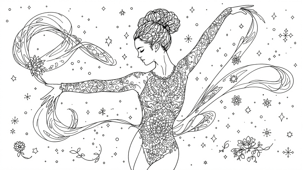 マンダラ模様と天体モチーフが美しい新体操選手の大人の塗り絵